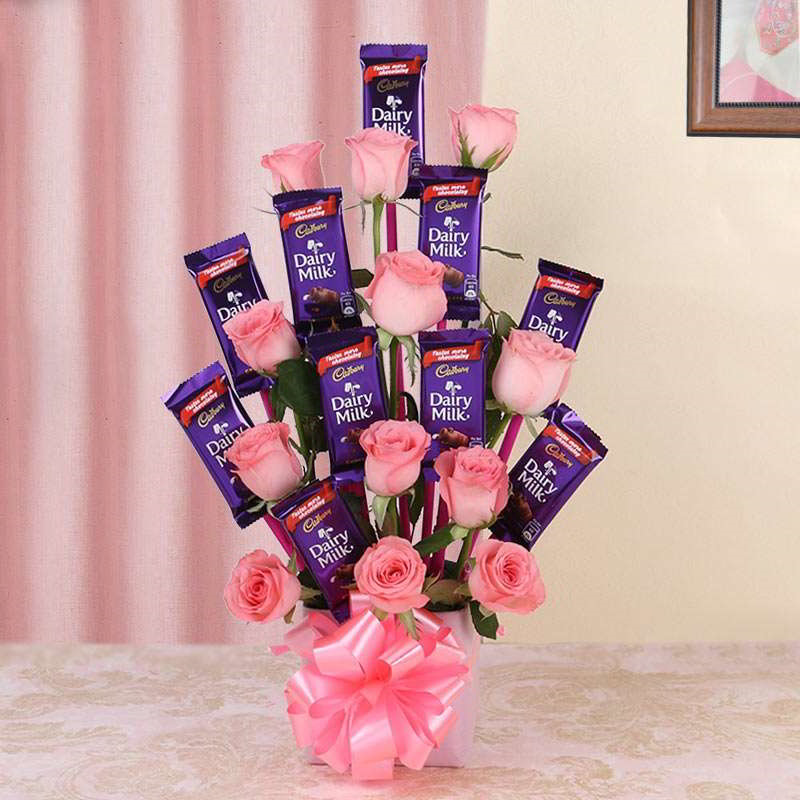 Dozen Pink Roses Vase with Dairy Milk Chocolates