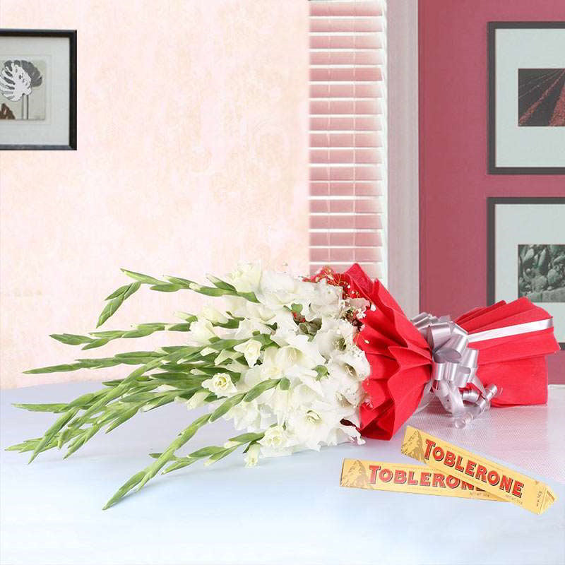 Bouquet of White Glads with Toblerone Chocolates