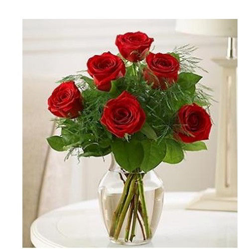 6 Red Roses In Glass vase