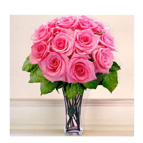 12 Pink Roses In vase