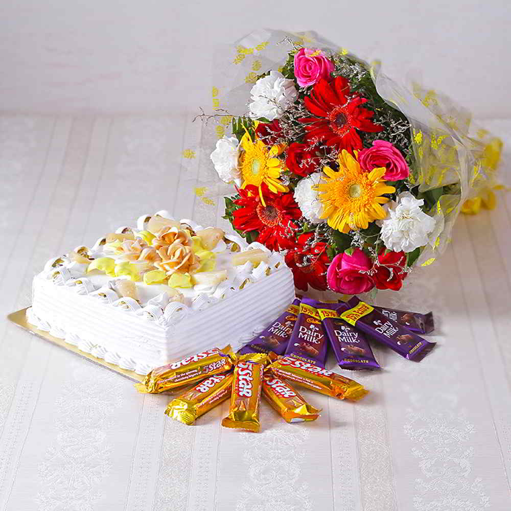 Bouquet of Mix flowers with Square Shape Pineapple Cake and Assorted Chocolates