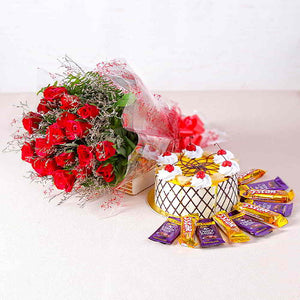 Eighteen Red Roses with Pineapple cake and Bars of chocolates