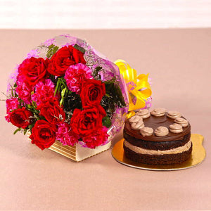 Roses and Carnations Bouquet with Chocolate Cake