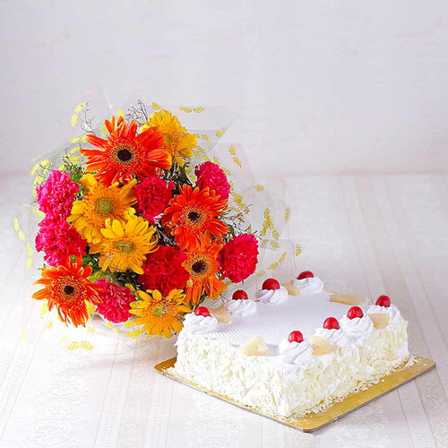 Pineapple Cake with Beautiful Mix Flowers Bouquet