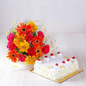 Pineapple Cake with Beautiful Mix Flowers Bouquet