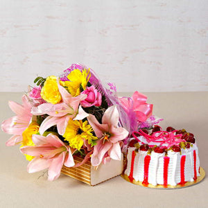 Fresh Cream Strawberry Cake with Bouquet of Exotic Flowers