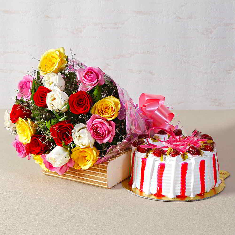 Twenty Multi Roses Bunch with Fresh Cream Strawberry Cake