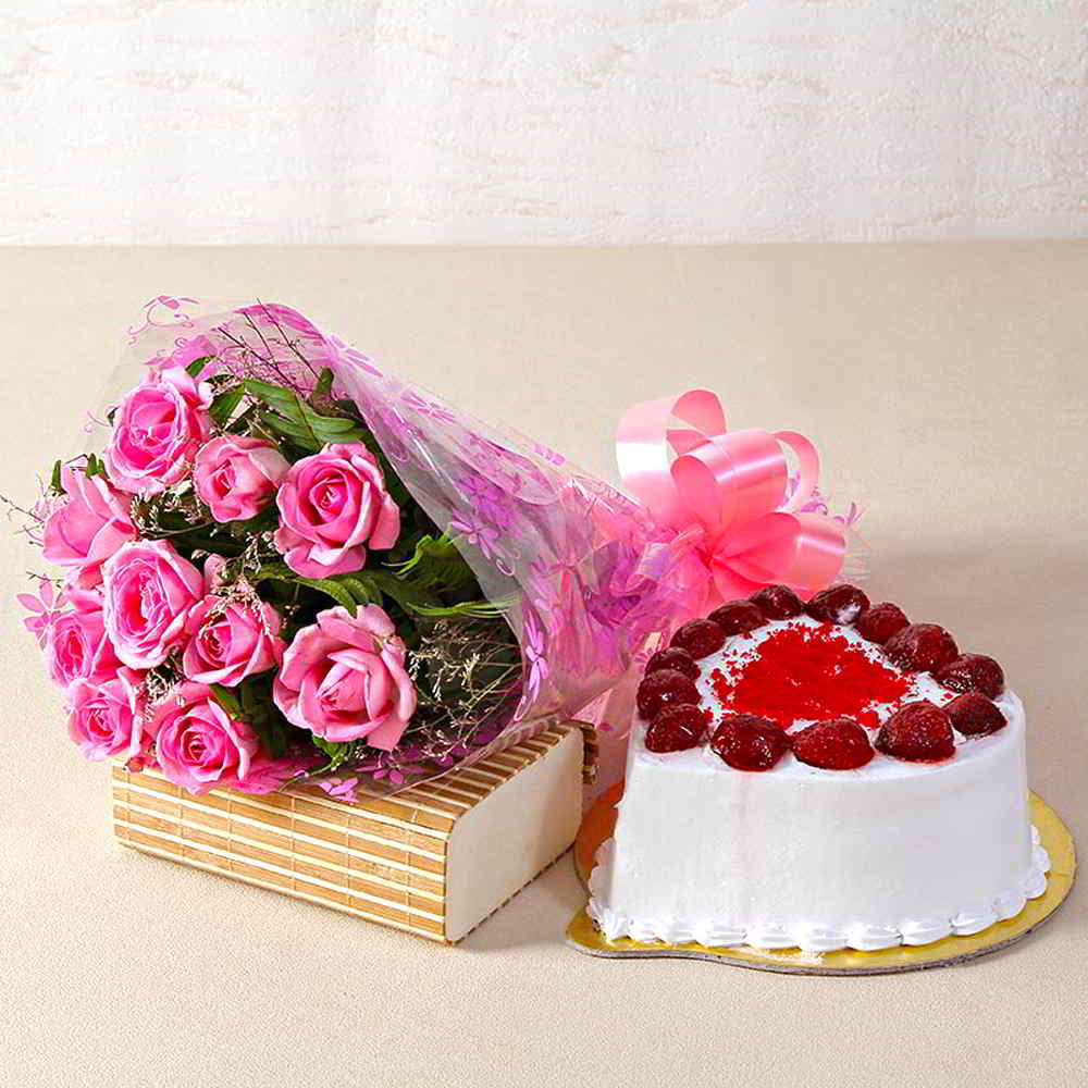 Love Ten Special Pink Roses Bunch with Heart Shape Strawberry Cake