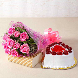 Love Ten Special Pink Roses Bunch with Heart Shape Strawberry Cake