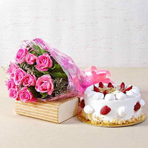 Ten Pink Roses Bouquet with Half Kg Fresh Strawberry Cake