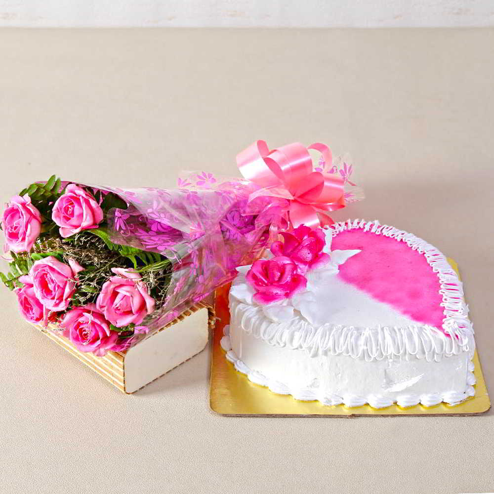 Six Pink Roses with Heart shape Strawberry Cake