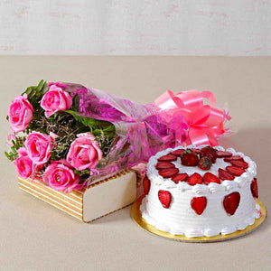 Six Pink Roses Bouquet with Round Strawberry Cake