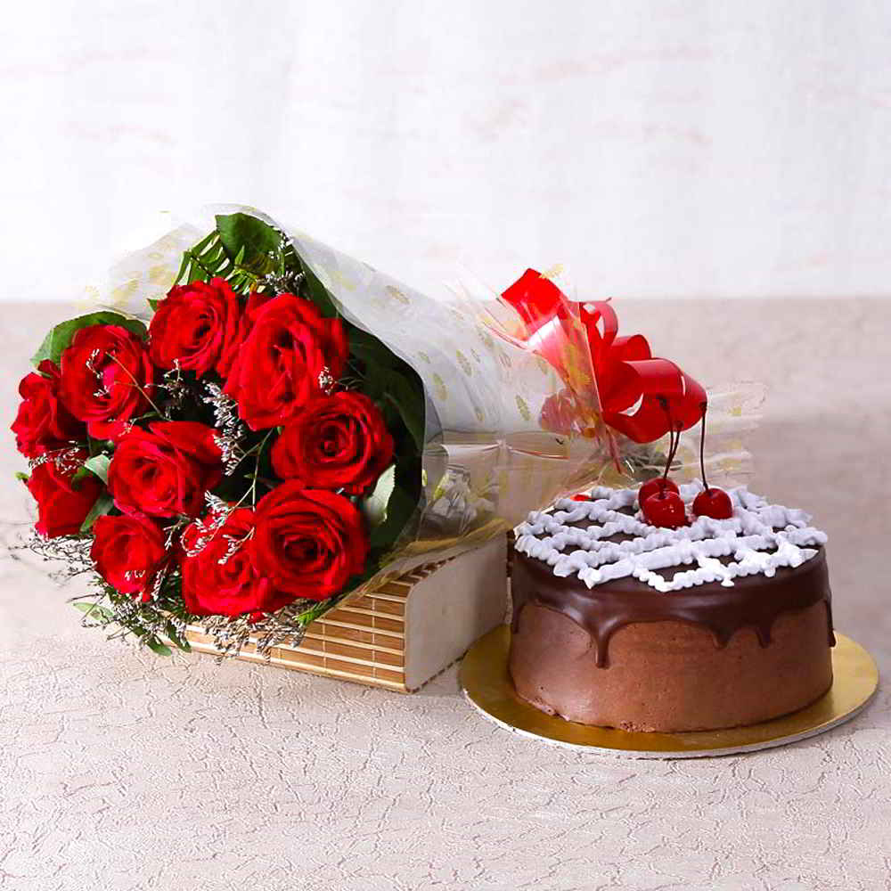 Delicious Chocolate Cake with Ten Red Roses Bunch