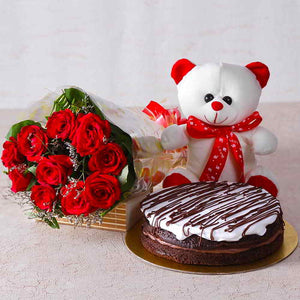 Bunch of Red Roses with Teddy Bear and White Cream Chocolate Cake