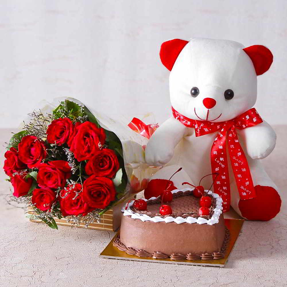 Ten Red Roses with Teddy Bear and Heart Shape Chocolate Cake