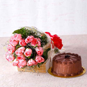 Fifteen Pink Roses with Chocolate Cake