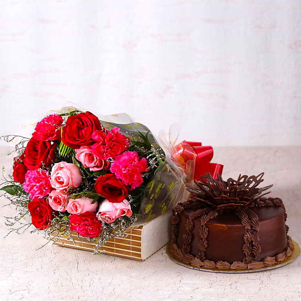 Gorgeous Roses With Carnations and Chocolate Cake