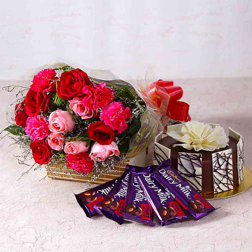 Roses and Carnations with Chocolate Cake and Cadbury Bars