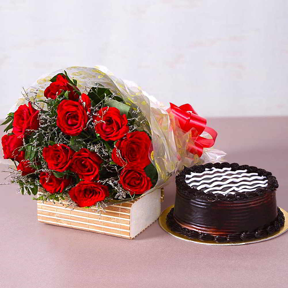 Twelve Red Roses Bunch with Yummy Chocolate Cake