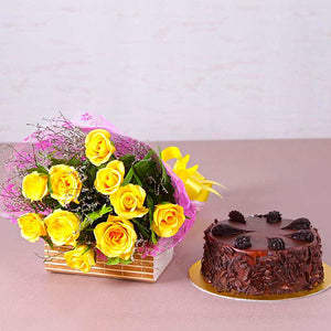 Ten Yellow Roses with half Kg Choco Chips Chocolate Cake
