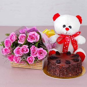 Choco Chips Cake with Teddy Bear and Pink Roses Bouquet