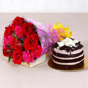 Bouquet of Red Roses and Pink Carnation with Chocolate cake