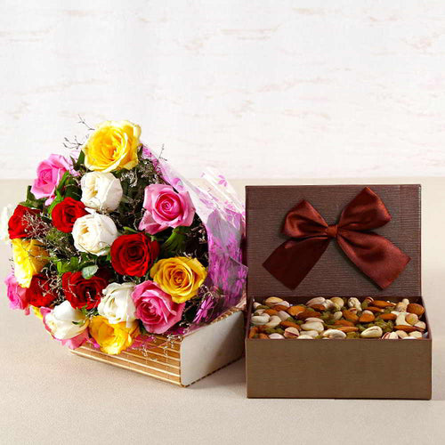 Bouquet of Twenty Mix Color Roses with Assorted Dry Fruits Box