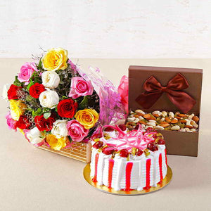 Colorful Roses with Half Kg Strawberry Cake and Assorted Dryfruits Combo