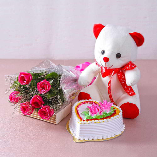 Six Pink Roses with Heart Shape Vanilla Cake and Cute Teddy Bear
