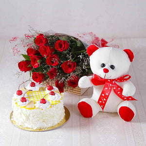 Forever Red Roses with Half kg Pineapple cake and Soft Toy
