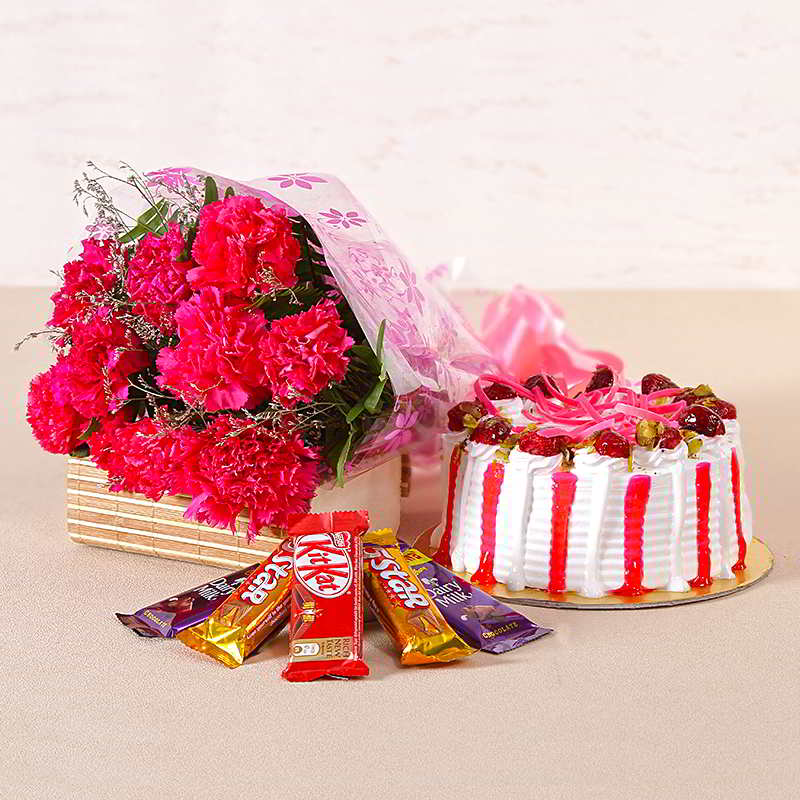 Flower Combo of Carnations Cakes and Chocolates
