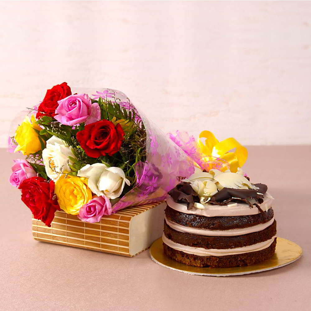 Mix Roses Bouquet with Chocolate Sponge Creamy Cake