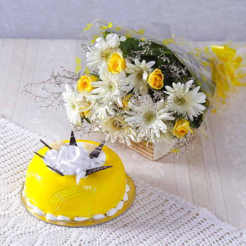 White Gerberas with Yellow Roses and Pineapple Cake