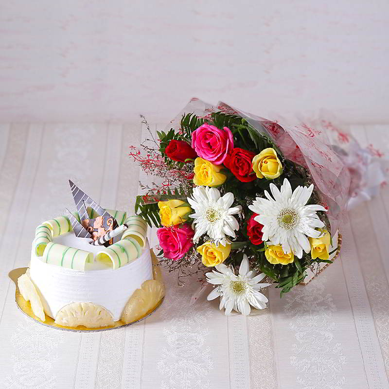 Awesome Roses and Gerberas Bouquet with Pineapple Cake