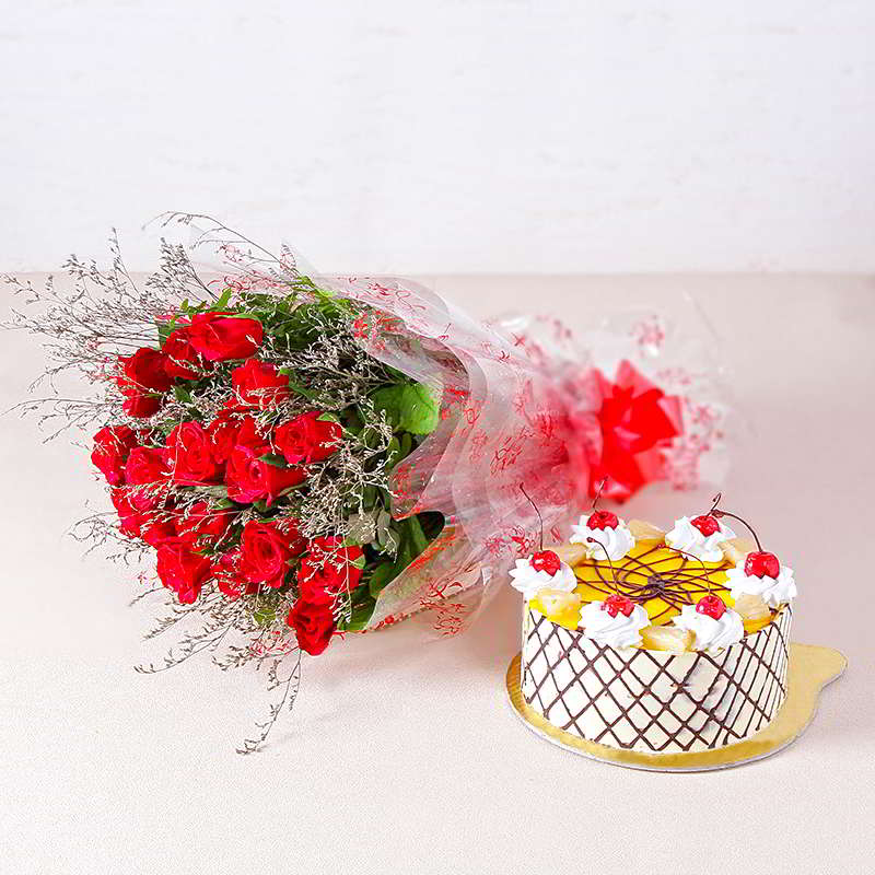 Delicious Half Kg Pineapple Cake with 20 Love Red Roses