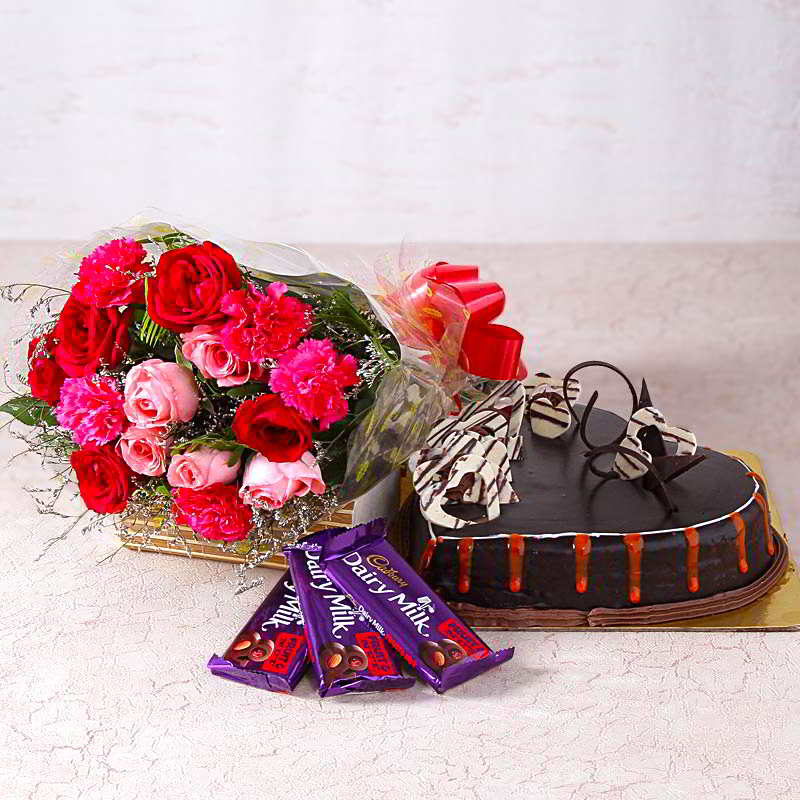 Bouquet of Roses and Carnations with Heartshape Cake and Cadbury Chocolates