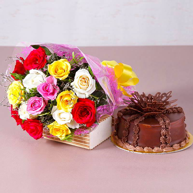 Fifteen Colorful Roses Bouquet with Half Kg Chocolate cake