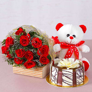 Bunch of Twelve Red Roses with Bear and Chocolate Cake