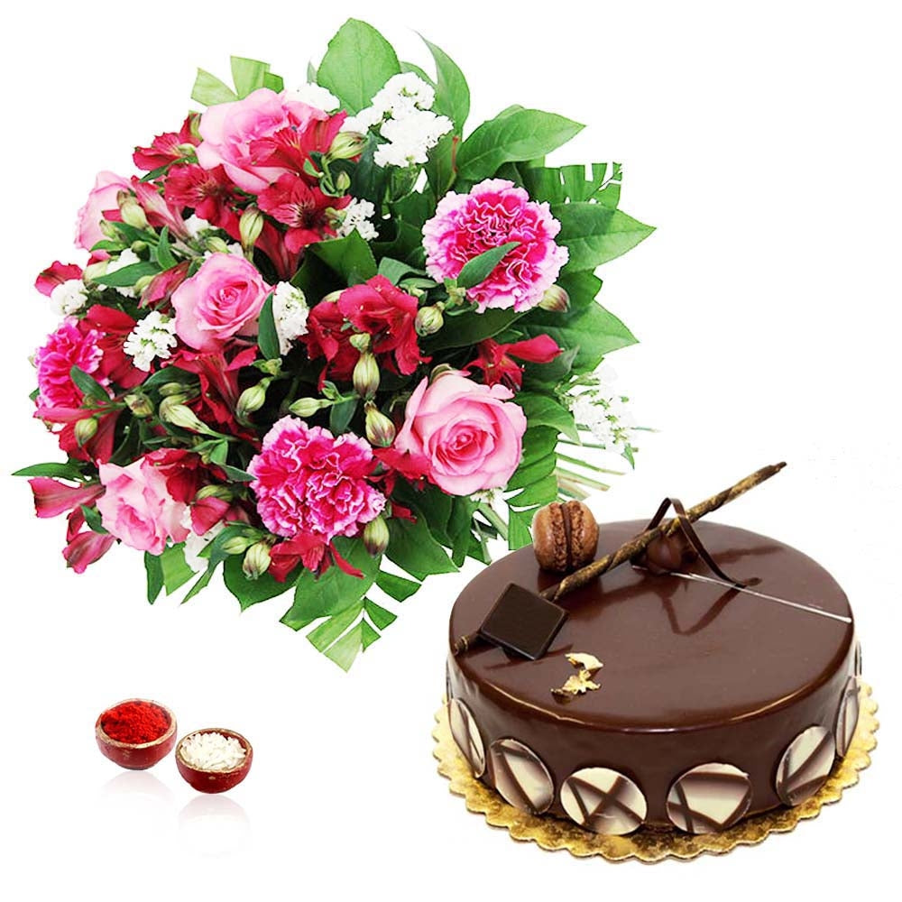 Bhai Dooj Special Chocolate Cake with Pink Flower Bouquet