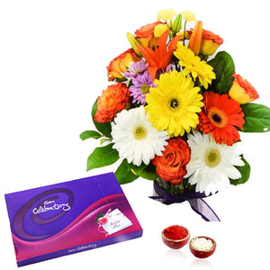 Mix Flowers Bouquet with Celebration Chocolate Pack for Bhai Dooj