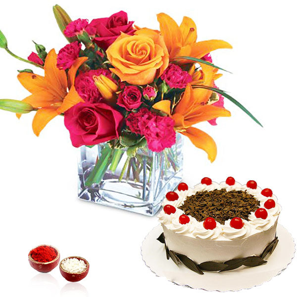 Bhai Dooj Brightfull Flower Vase with Black Forest Cake
