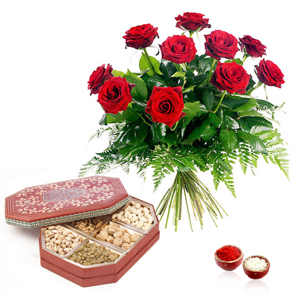 10 Red Roses Bouquet with Manifold Dry Fruits Box Bhai Dooj Hamper