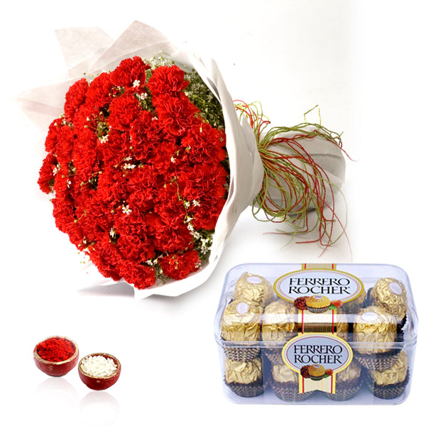 Red Carnation Bouquet and Ferrero Rocher Chocolate for Bhai Dooj