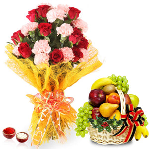 Bhai Dooj Hamper Roses and Carnation Bouquet with Fruits Basket