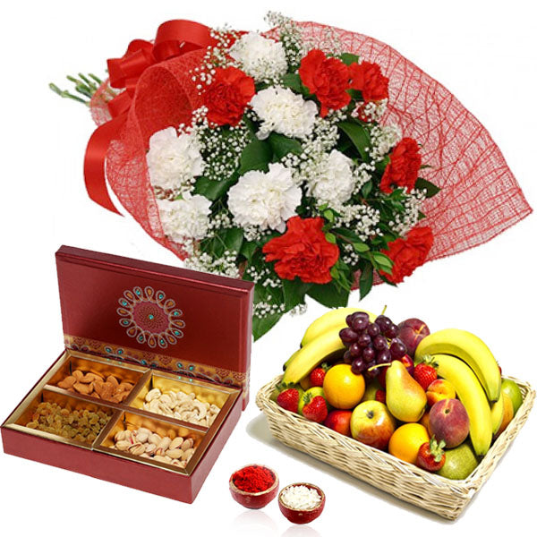Carnation Bouquet with Manifold Fruits and Dry Fruits for Bhai Dooj