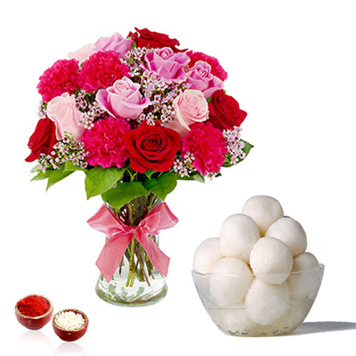Bhai Dooj Combo Pink Shaded Flowers in Vase with Rasgulla Sweets