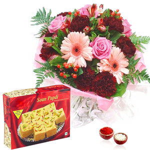 Mix Flowers Bouquet with Soan Papdi Box Bhai Dooj Hamper