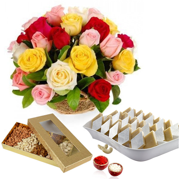 Bhai Dooj Beautiful Roses Arrangement with Kaju Katli and Dry Fuits