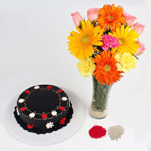 Bhaidooj Special Eggless Chocolate Cake with Flowers Vase