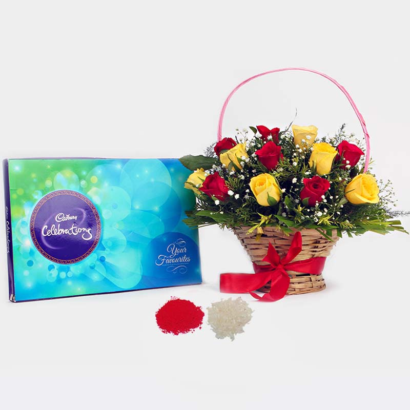 Red and Yellow Roses arrangement with Cadbury Celebration Chocolate Pack for Bhai
